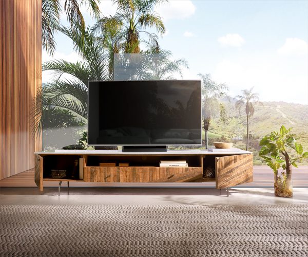 TV stolík Bahan 220 cm mango teak 2 dvierka 2 zásuvky 1 priehradka mramor biely - Image 4