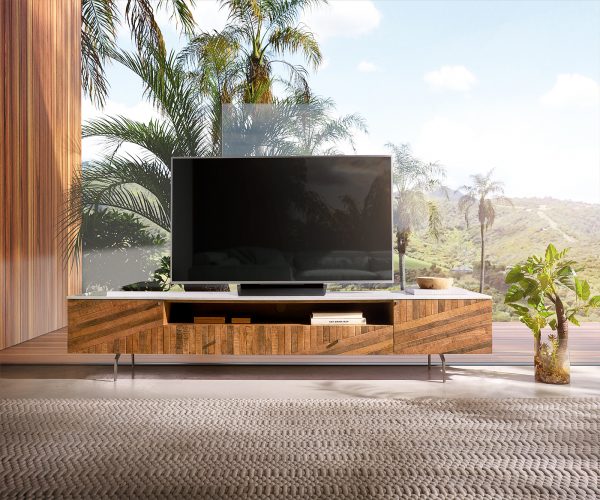 TV stolík Bahan 220 cm mango teak 2 dvierka 2 zásuvky 1 priehradka mramor biely - Image 2
