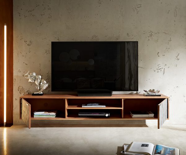 TV stolík Teele 200 cm prírodná akáciová bridlica 2 dvierka na zavesenie - Image 6