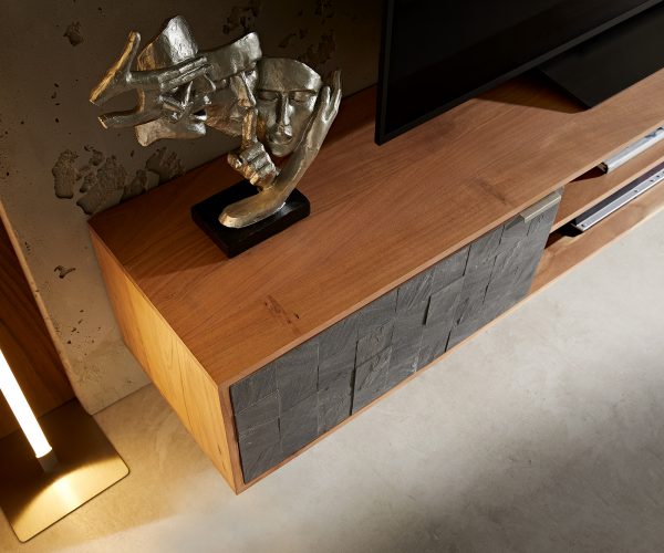 TV stolík Teele 200 cm prírodná akáciová bridlica 2 dvierka na zavesenie - Image 4