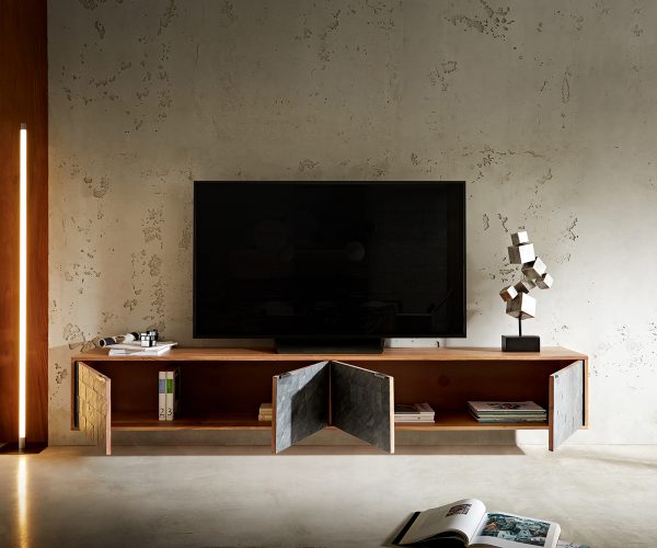 TV stolík Teele 220 cm prírodná akáciová bridlica 4 dvierka na zavesenie - Image 6