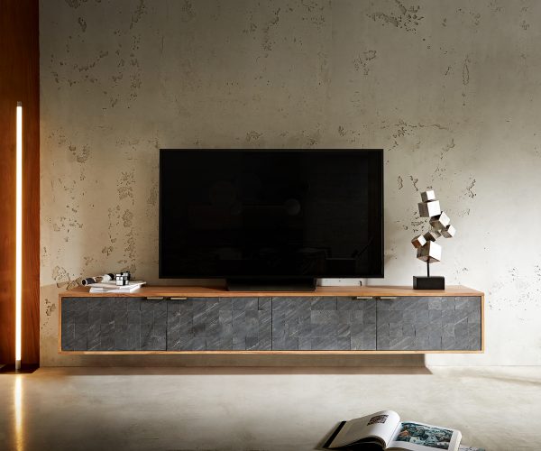 TV stolík Teele 220 cm prírodná akáciová bridlica 4 dvierka na zavesenie - Image 2