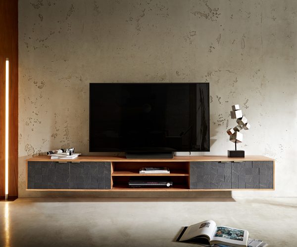 TV stolík Teele 240 cm prírodná akáciová bridlica 4 dvierka na zavesenie - Image 2