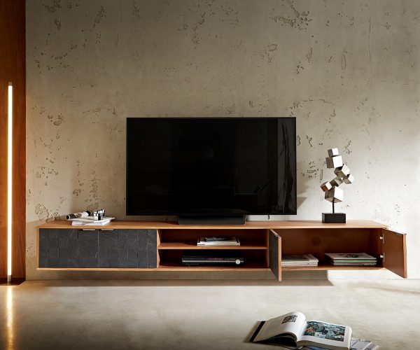 TV stolík Teele 240 cm prírodná akáciová bridlica 4 dvierka na zavesenie - Image 6