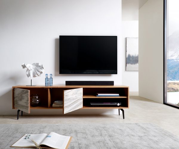 TV stolík Kleo 160 cm prírodná akácia 2 dvierka šikmá podstava čierny kov - Image 4