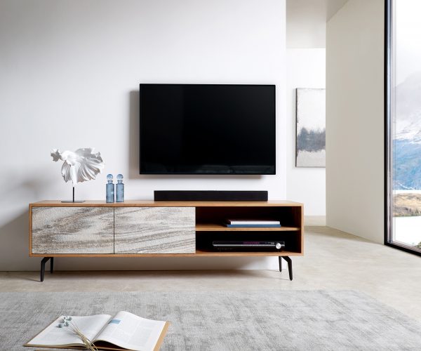 TV stolík Kleo 160 cm prírodná akácia 2 dvierka šikmá podstava čierny kov - Image 2