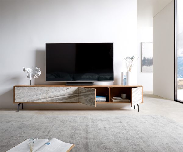 TV stolík Kleo 220 cm prírodná akácia 4 dvierka šikmá podstava čierny kov - Image 4