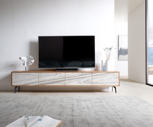 TV stolík Kleo 220 cm prírodná akácia 4 dvierka šikmá podstava čierny kov - Image 2