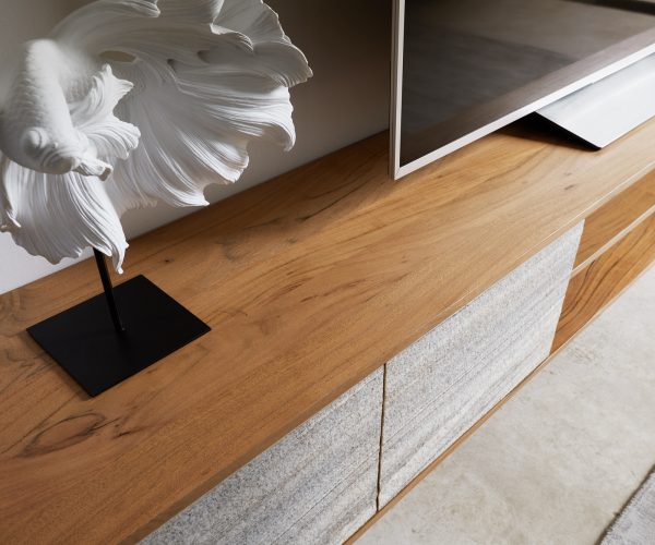TV stolík Kleo 220 cm prírodná akácia 4 dvierka šikmá podstava čierny kov - Image 6