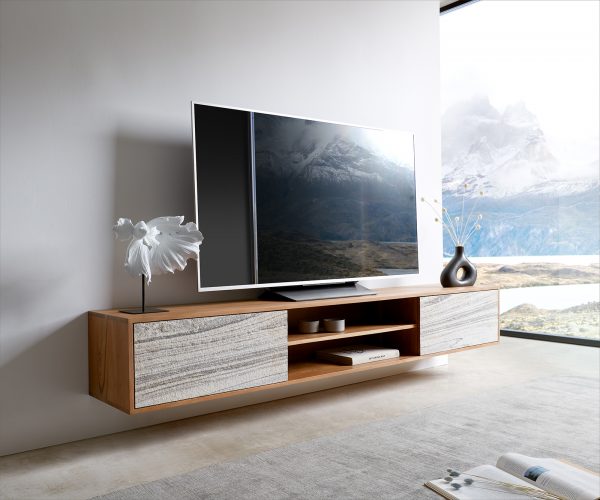 TV stolík Kleo 200 cm prírodná akácia 2 dvierka na zavesenie