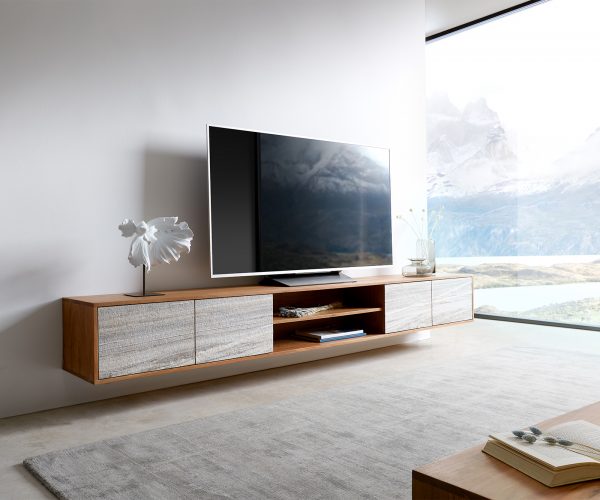 TV stolík Kleo 240 cm prírodná akácia 4 dvierka na zavesenie