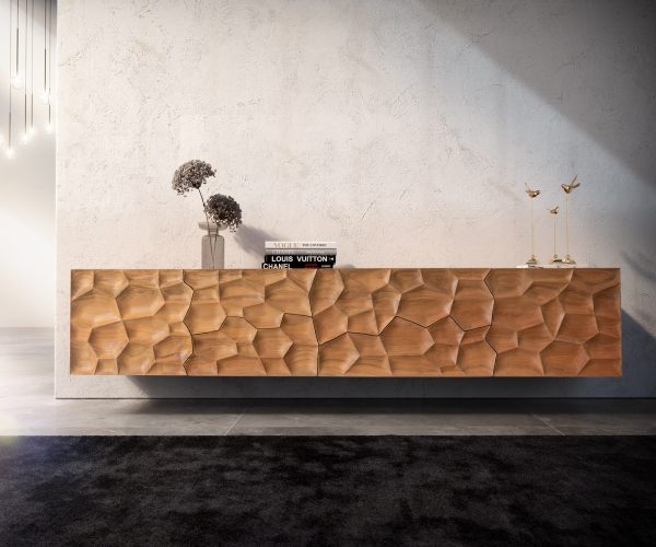 TV stolík Solu 220 cm prírodná akácia 2 dvierka 4 zásuvky 3D - Image 2