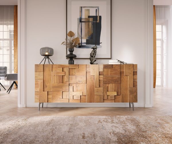 Komoda Puzzle 175 cm prírodná akácia 3 dvierka šikmé dno nerezová oceľ - Image 2