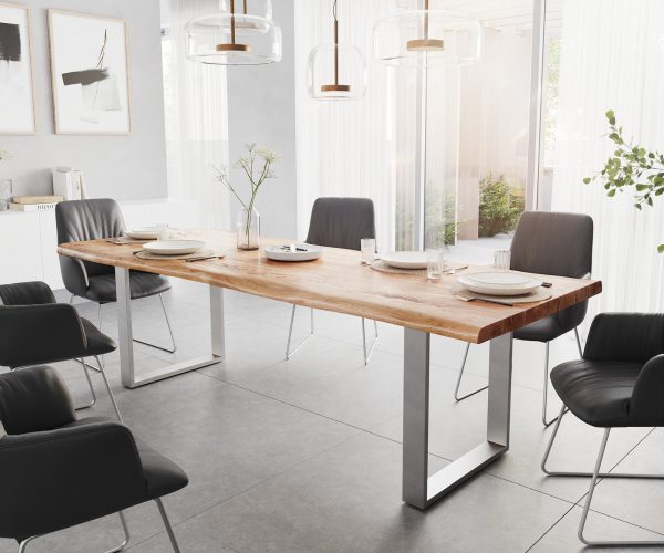 Jedálenský stôl Edge 260x100 XL Akácia prírodná nerezová oceľ úzka podnož