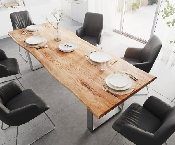 Jedálenský stôl Edge 260x100 XL Akácia prírodná nerezová oceľ úzka podnož - Image 4