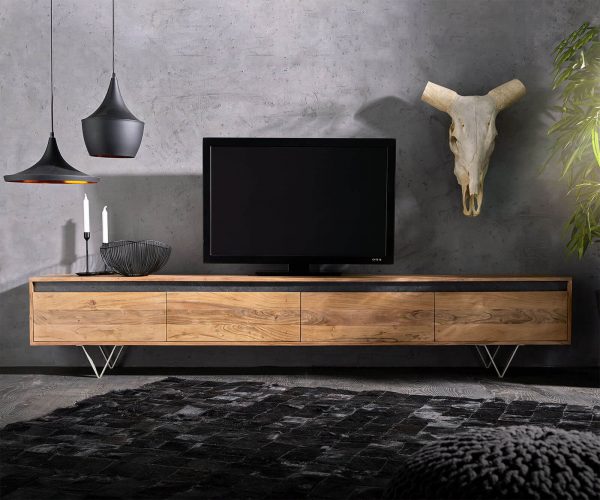 TV stolík Stonegrace 240 cm akáciová prírodná bridlica 4 dvierka - Image 2