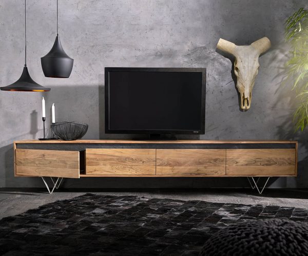 TV stolík Stonegrace 240 cm akáciová prírodná bridlica 4 dvierka - Image 4