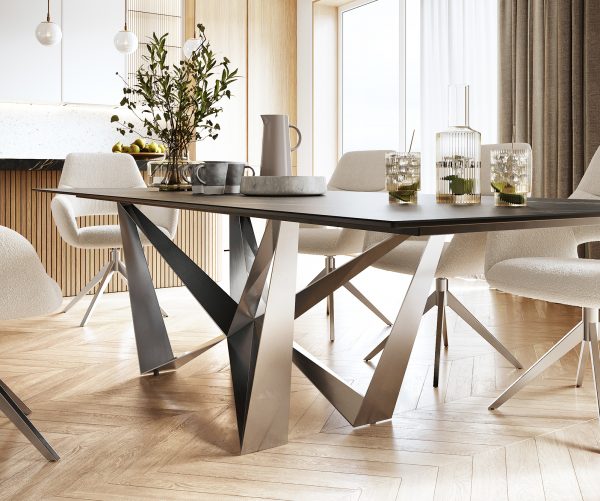 Jedálenský stôl Edge 300x100cm Laminam® keramika hnedá stredová podnož plochá oceľ strieborná - Image 5