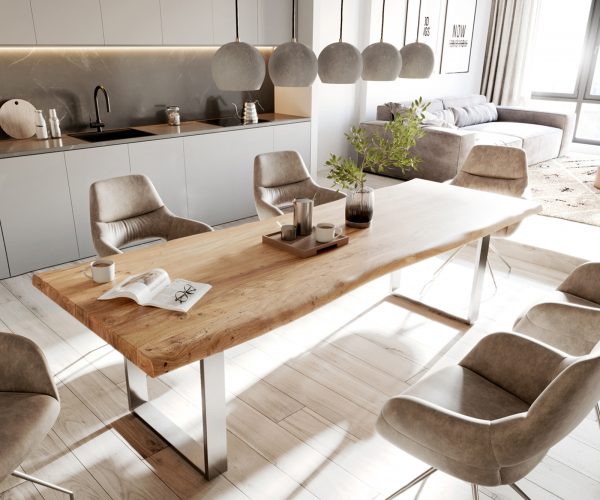 Jedálenský stôl Edge 280x100cm XL Akácia prírodná nerezová oceľ úzky