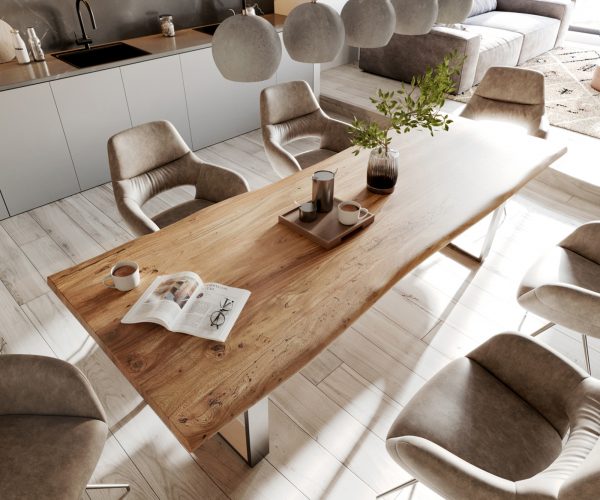 Jedálenský stôl Edge 280x100cm XL Akácia prírodná nerezová oceľ úzky - Image 4