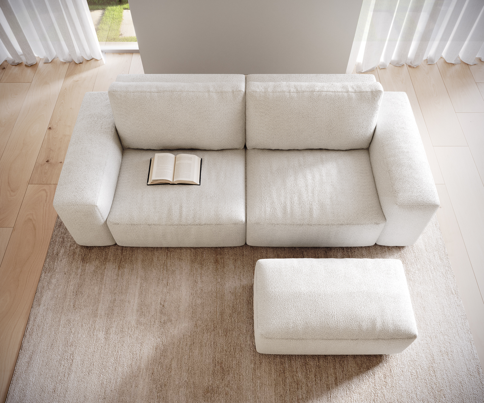 Veľká pohovka Lanzo 230x95 cm bouclé bielo-béžová s taburetom - Image 4