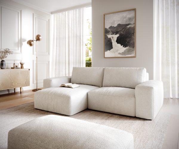 Rohová pohovka Lanzo D 260x160 cm bouclé krémovo-biela variabilná ležadlo s taburetkou