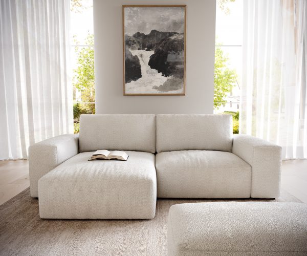 Rohová pohovka Lanzo D 260x160 cm bouclé krémovo-biela variabilná ležadlo s taburetkou - Image 2