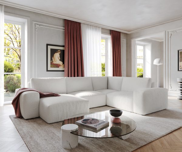 Pohovka v tvare U Lanzo D 330x230 cm bouclé krémovo-biele variabilné ležadlo