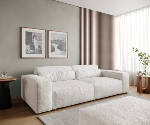 Veľká pohovka Sirpio D 250x105 cm bouclé krémovo biela s taburetkou