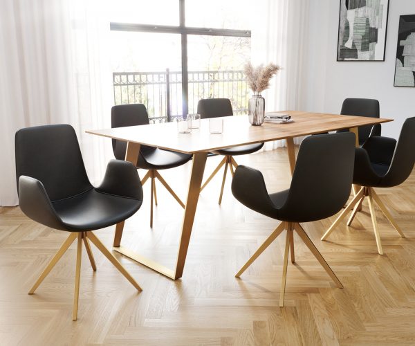 Ilia-Flex otočná stolička s podrúčkami krížová základňa štvorcová zlatá pravá koža čierna 180° - Image 5