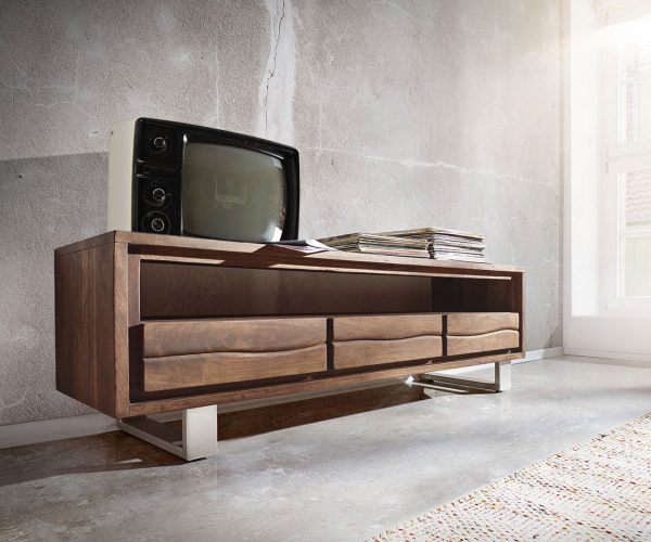 TV stolík Live Edge 146 cm akáciová hnedá 3 zásuvky 1 priehradka