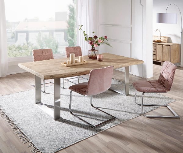 Jídelní stůl Edge 200x100 cm XL akácie šampaňská nerezová ocel úzká