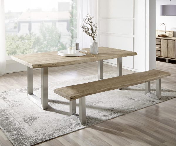 Jídelní stůl Edge 200x100 cm XL akácie šampaňská nerezová ocel široká