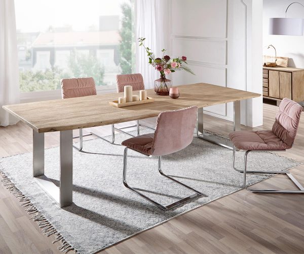 Jedálenský stôl Edge 260x100 cm akácia šampanské nerezová oceľ úzky