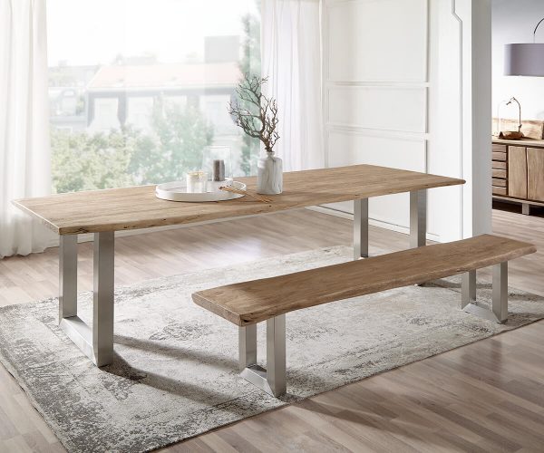 Jídelní stůl Edge 260x100 cm akácie šampaňská nerezová ocel široká - Image 2