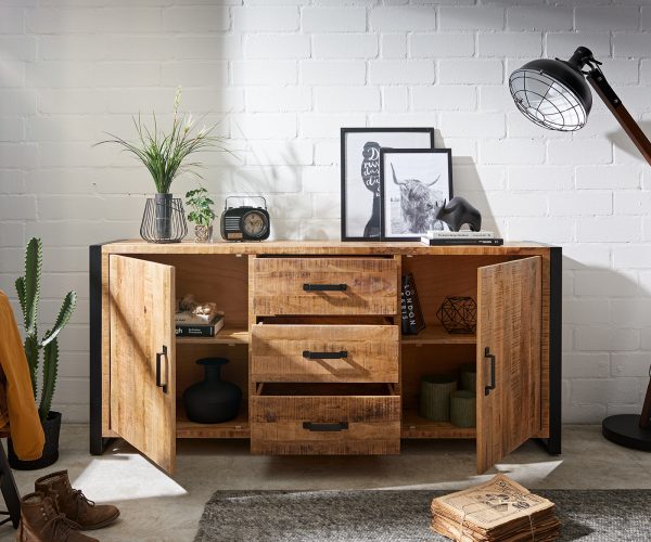 Komoda Crompton 190 cm prírodné mango 2 dvierka 3 zásuvky kov čierna - Image 4