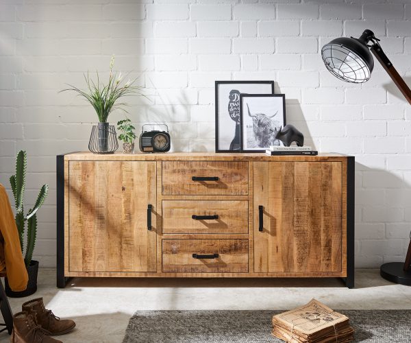 Komoda Crompton 190 cm prírodné mango 2 dvierka 3 zásuvky kov čierna - Image 2
