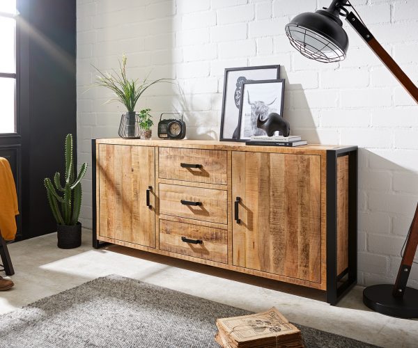 Komoda Crompton 190 cm prírodné mango 2 dvierka 3 zásuvky kov čierna