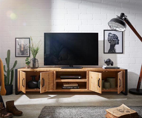 TV stolík Crompton 220 cm prírodný mangový kov čierny 4 dvierka 2 priehradky - Image 4