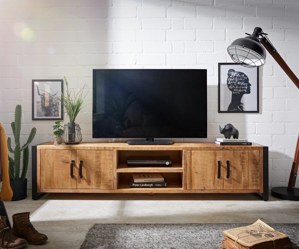 TV stolík Crompton 220 cm prírodný mangový kov čierny 4 dvierka 2 priehradky - Image 2