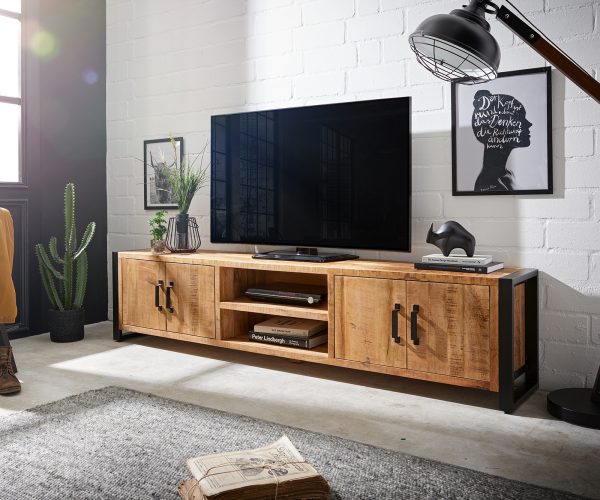 TV stolík Crompton 220 cm prírodný mangový kov čierny 4 dvierka 2 priehradky