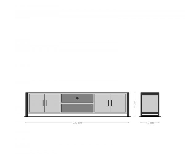 TV stolík Crompton 220 cm prírodný mangový kov čierny 4 dvierka 2 priehradky - Image 8