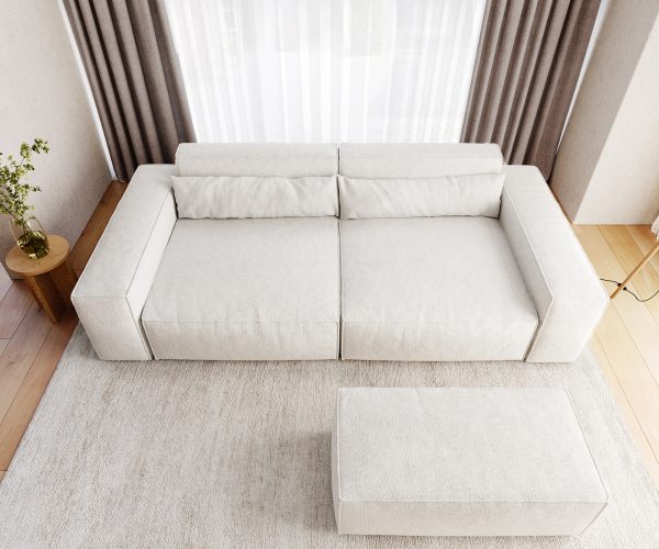 Veľká pohovka Sirpio XL 270x125 cm bouclé krémová a biela s taburetkou - Image 6
