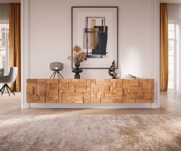 TV stolík Puzzle 220 cm prírodná akácia 4 dvierka na zavesenie - Image 2