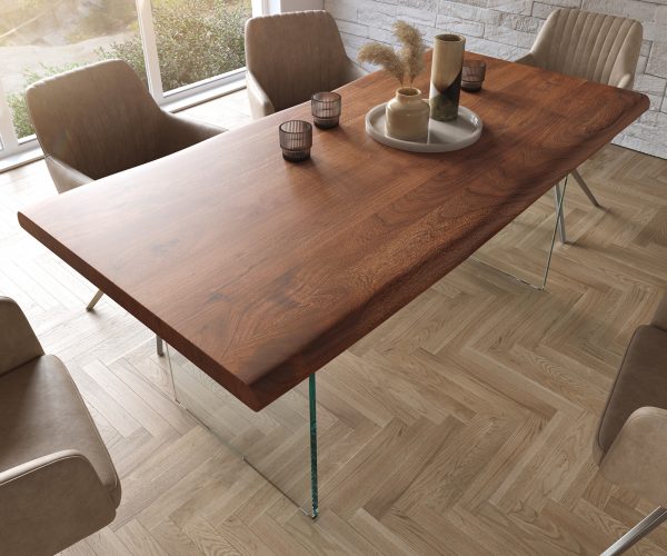 Jídelní stůl Edge 180x90 cm XL akácie hnědá skleněná podnož - Image 4