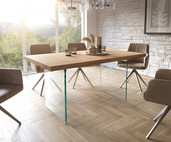 Jedálenský stôl Edge 160x90 cm prírodný dub sklenená podnož