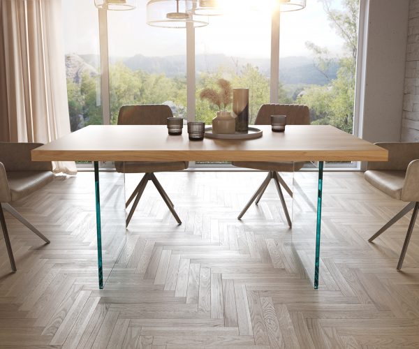 Jedálenský stôl Edge 160x90 cm prírodný dub sklenená podnož - Image 2