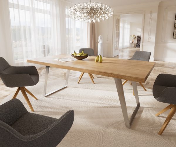 Jedálenský stôl Edge 200x100 cm prírodný dub podstavec pod uhlom z nerezovej ocele