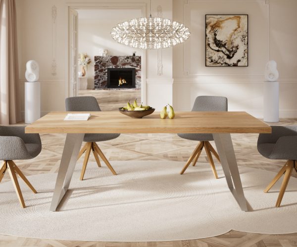 Jedálenský stôl Edge 200x100 cm prírodný dub podstavec pod uhlom z nerezovej ocele - Image 2