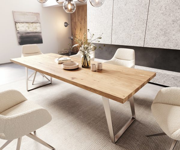Jedálenský stôl Edge 260x100 cm prírodný dub šikmá podstava nerezová oceľ